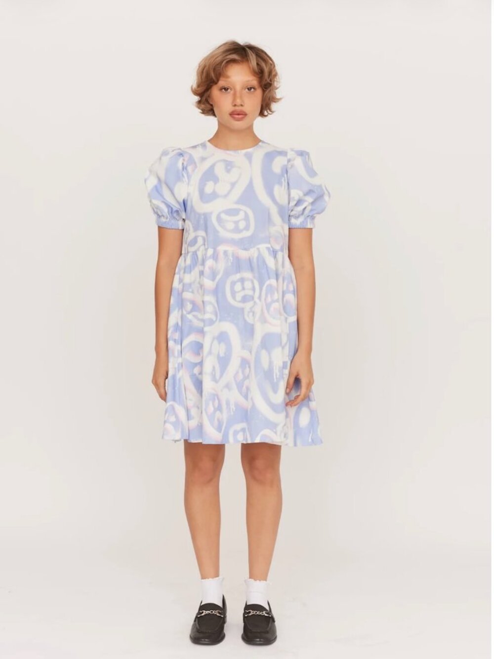 Lazy Oaf Happy Sad Drippy Spray Face Puff Sleeve Mini Dress US8/UK12